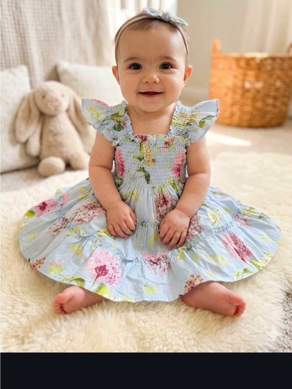 Hill House Light Blue Floral hydrangea Ruffled Sundress smocked 6/12m Girls